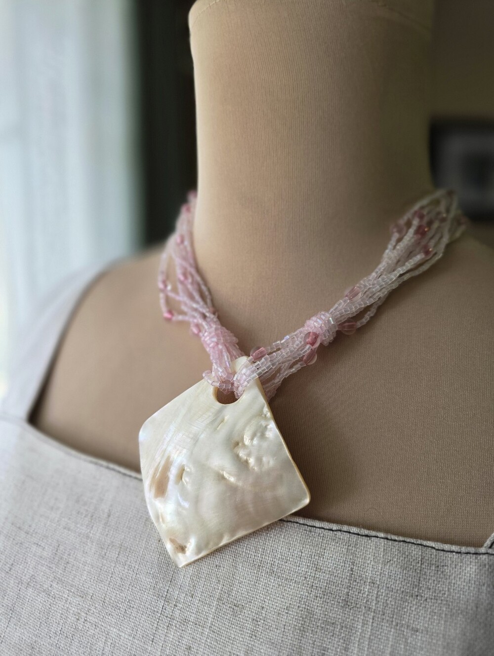 Vintage Pink Multi-Strand Beaded Necklace with 2" Abalone Shell Square Pendant